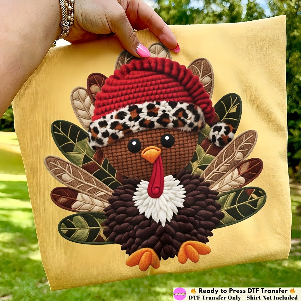 英寸/7英寸/8.5英寸/10英寸/11英寸/12英寸 仿锁钩纱线钩针火鸡烫贴 - 农舍秋季感恩节DIY火鸡贴花，适用于衬衫、连帽衫、毛衣的DTF热转印 - 多彩纱线钩针火鸡礼物